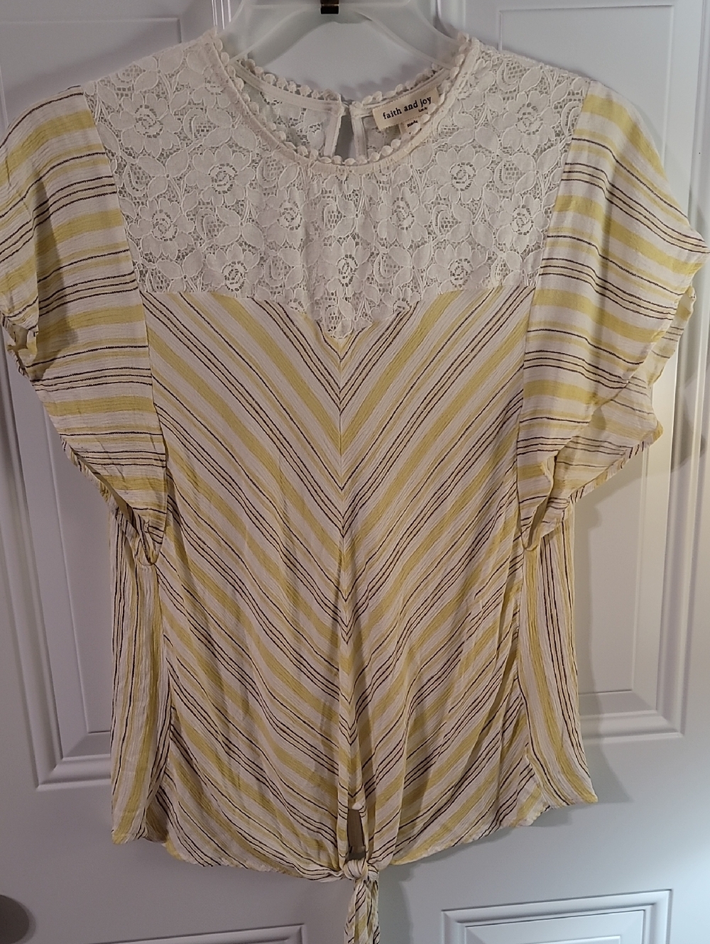 Faith and Joy Yellow & White Striped Lace-Yoke Tie-Front Blouse